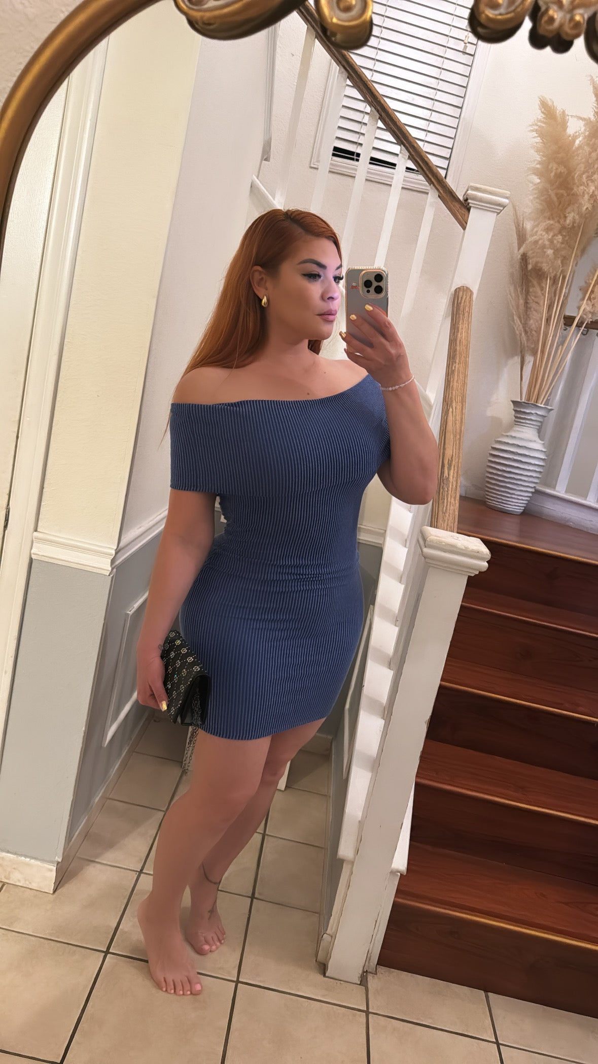 Ribbed off shoulder mini dress